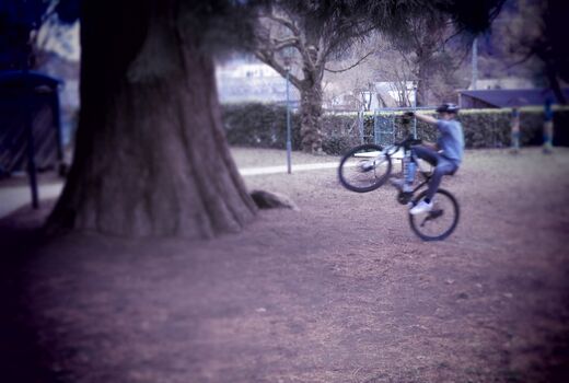 Schüler springt mit dem Rad auf einem Rad unter einem Baum im Schulhof