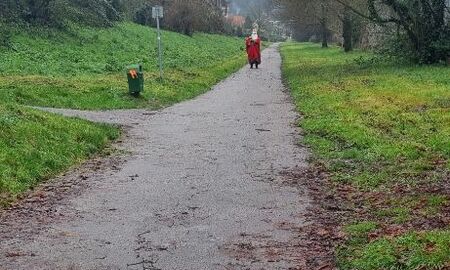 Auf einem langen Fußweg umgeben von Wiesen und Bäumen kommt in der Ferne ein verkleideter Nikolaus.