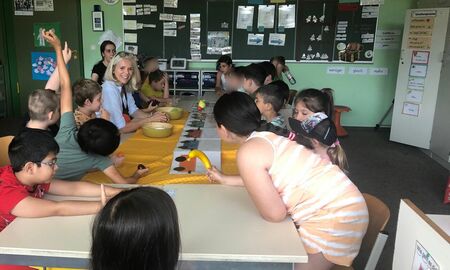 Die Erstklässler und Erstklässlerinnen sitzen an einem langen Tisch im Klassenzimmer und lernen mit der BeKi-Referentin viel über Lebensmittel..