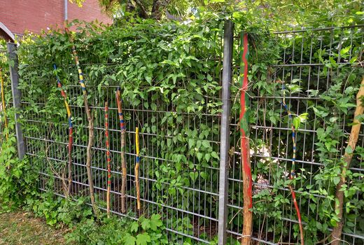 Mehrere bunt bemalte Stöcke an einem Metallzaun