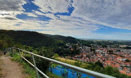 Über ein Geländer eines Wanderweges hinweg sieht man über die Dächer einer Ortschaft und die umliegenden Wälder und Wiesen.