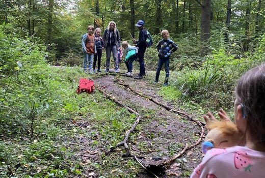 Kinder spielen im Wald mit Stöcken. Sie haben eine Kugelbahn gebaut. Diesmal muss die Kugel aber den Weg schaffen. Alle Kinder feuern an