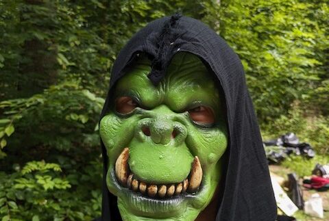 Frontalansicht des Orks: grünes Gesicht, Stirn in Falten, breite Nase, schmale Augen und einen großen Mund mit gefährlichen Zähnen.