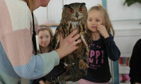 Kinder dürfen den Uhu streicheln