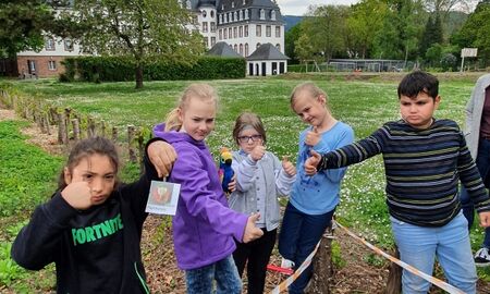 Fünf Schüler zeigen mit ihren Daumen nach oben. Sie stehen vor einem Komposthaufen