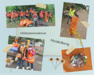 Eine Fotocollage mit den Bildern der Schüler die an der Sammelaktion beteiligt waren. Links oben ein Gruppenbild, Rechts ein Junge der mit einer Müllzange den Müll einsammelt, links unten Zwei Schüler mit Warnwesten, links unten ein gefüllter Müllsack.