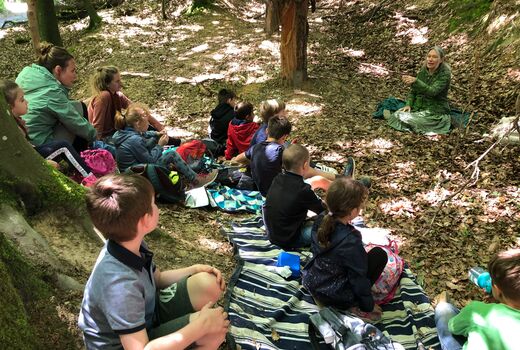 Mehrere Kinder sitzen im Wald einer Frau gegenüber