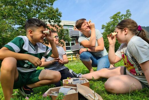 Wie sieht eine Biene: Drei Kinder und eine Lehrerin schauen jeweils durch eine Art Sehrohr.