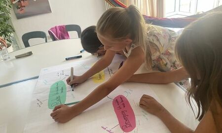 Kinder schreiben Ideen in eine MindMap