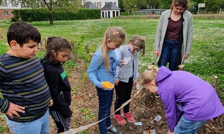 Fünf Schüler schauen neugierig mit einer Lehrerin was im Komposthaufen alles passiert ist