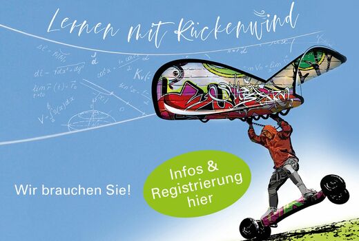 Werbefoto mit Aufschrift, Lernen mit Rückenwind. Wir brauchen Sie. Informationen und Registrierung hier möglich.