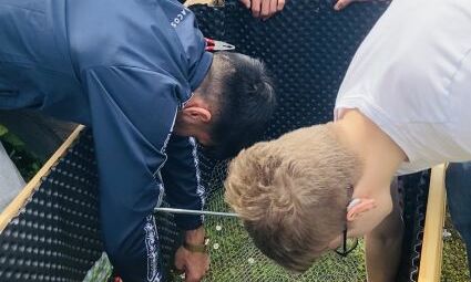 Jugendliche legen Hasendraht in ein Hochbeet