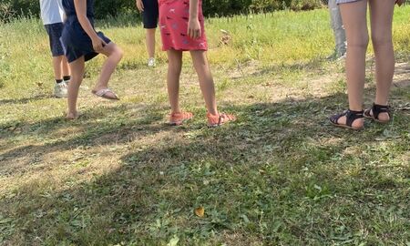 Im Vordergrund liegen Leo und Mauli, zwei Stofftiere. Im Hintergrund stehen Kinder im Kreis und spielen.