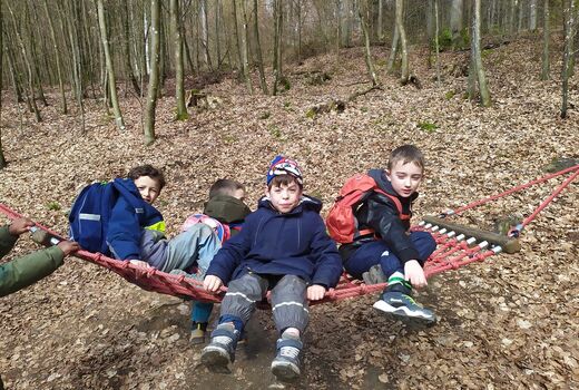 vier-kinder-schaukeln-auf-einer-wippe-im-wald